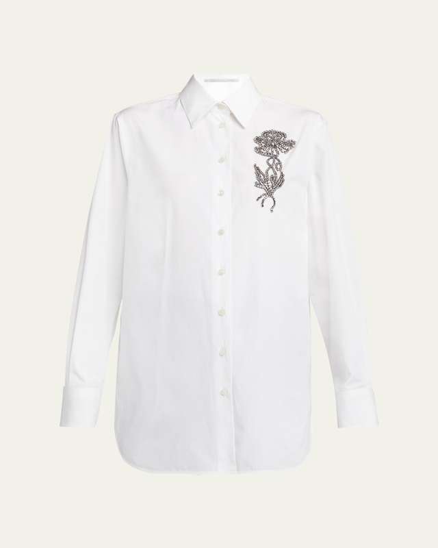 Crystal Floral Embroidered Long-Sleeve Blouse